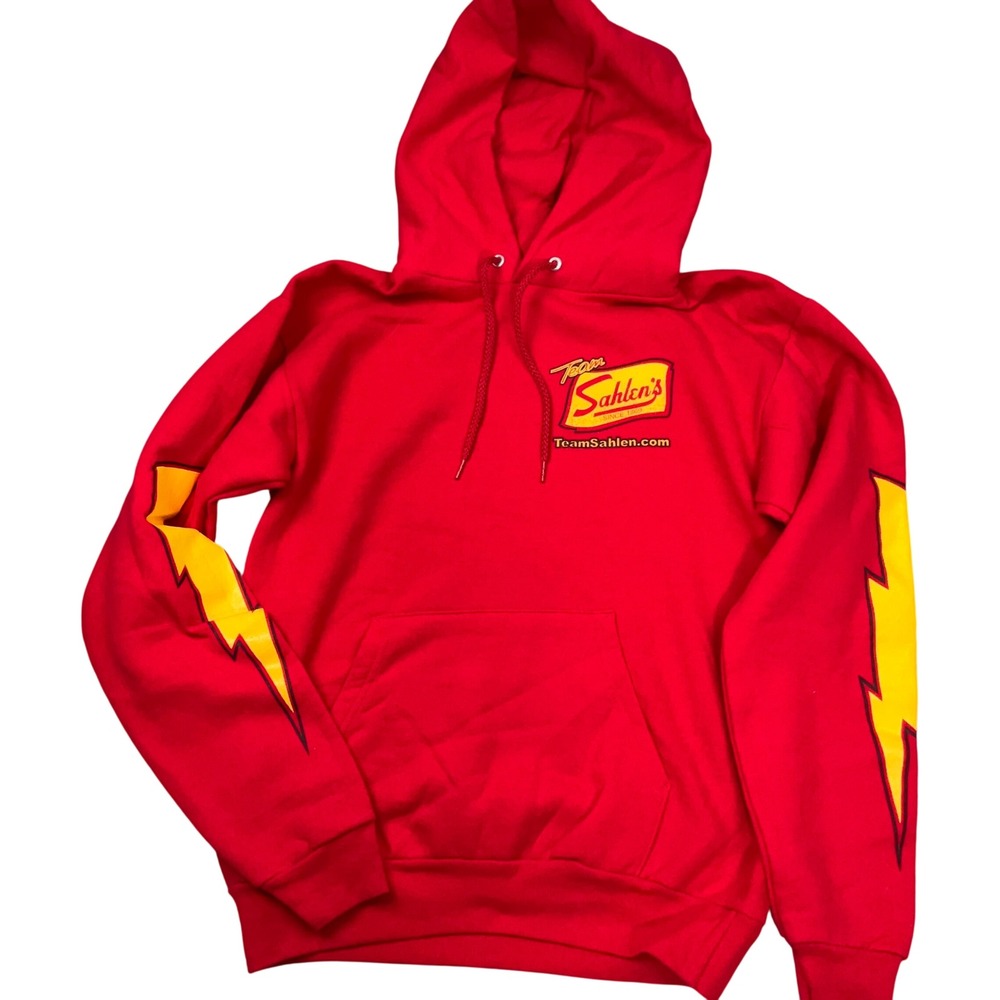 Hanes Team Sahlen Racing Hoodie Mens Small 34-36 Red Lightning Bolt Comfort